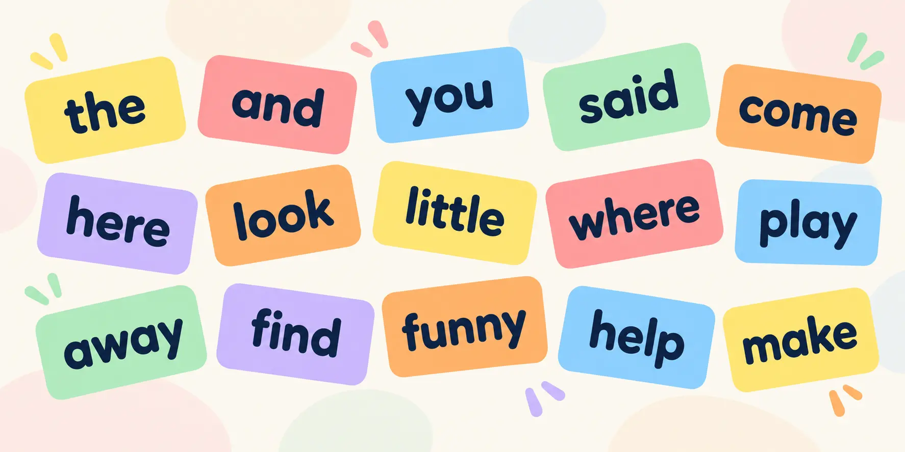 Fifteen coloured word cards reading the, and, you, said, come, here, look, little, where, play, away, find, funny, help and make, all of them Dolch sight words.