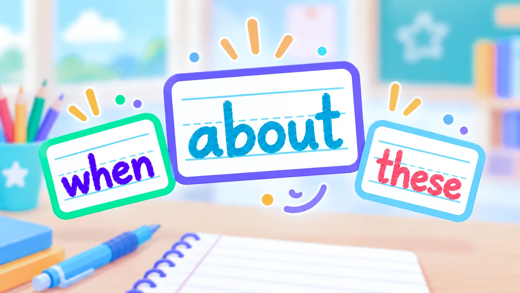Three word cards reading when, about and these, first grade sight words written on handwriting lines.