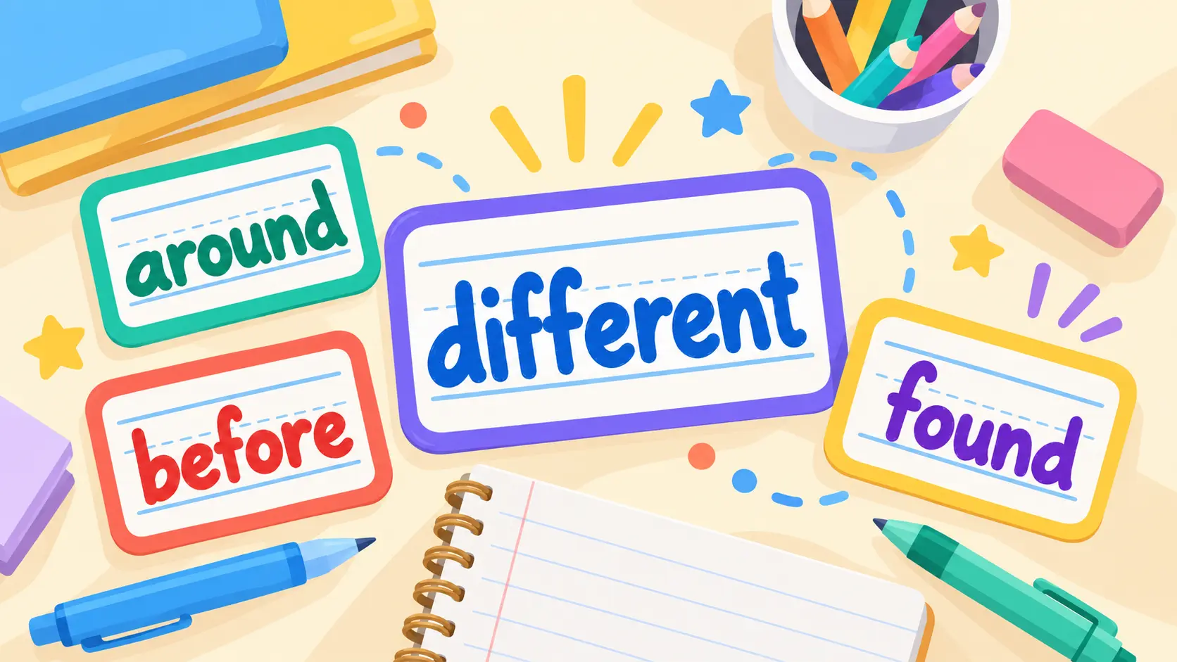Four word cards reading around, before, different and found, second grade sight words written on handwriting lines.