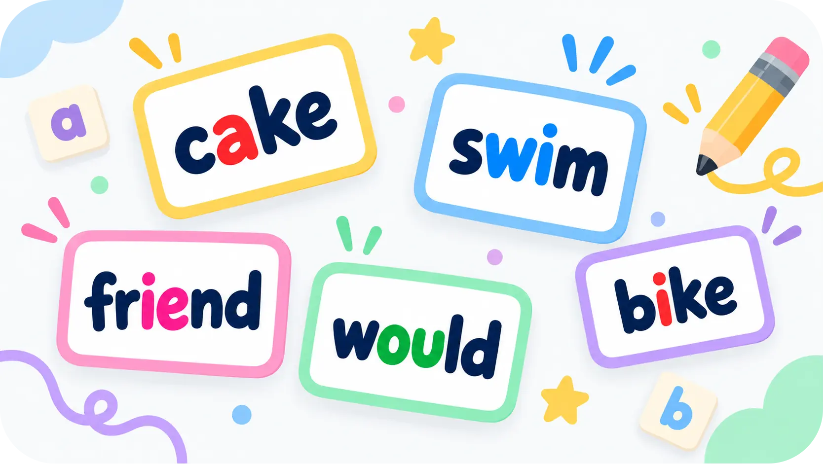 Five word cards reading cake, swim, friend, would and bike, with letter tiles and a pencil scattered around them.