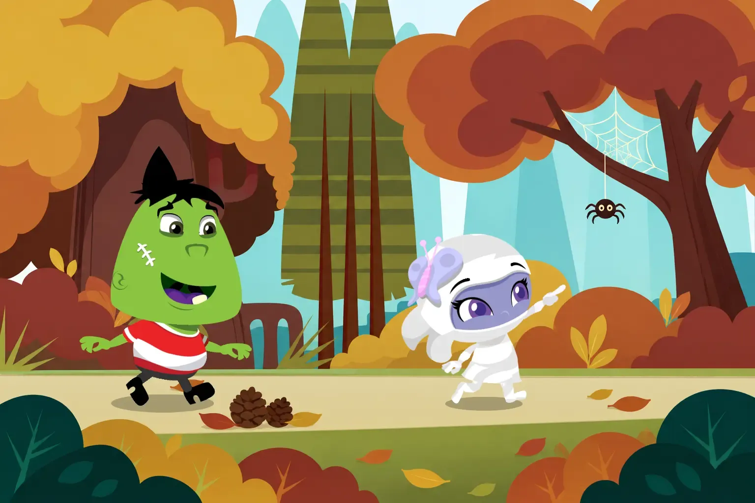 Frank and Patti walking a leaf-covered path in the autumn woods, past pine cones and a spider hanging from its web.