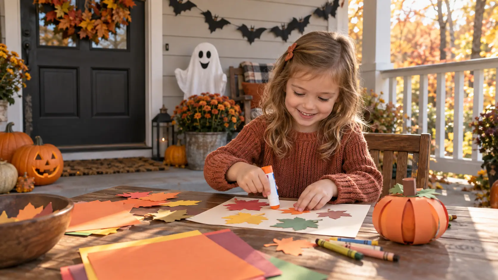 A smiling girl gluing paper leaves onto a sheet at a table on an autumn porch, with carved pumpkins, a paper ghost, a bat garland and pots of orange mums around her.