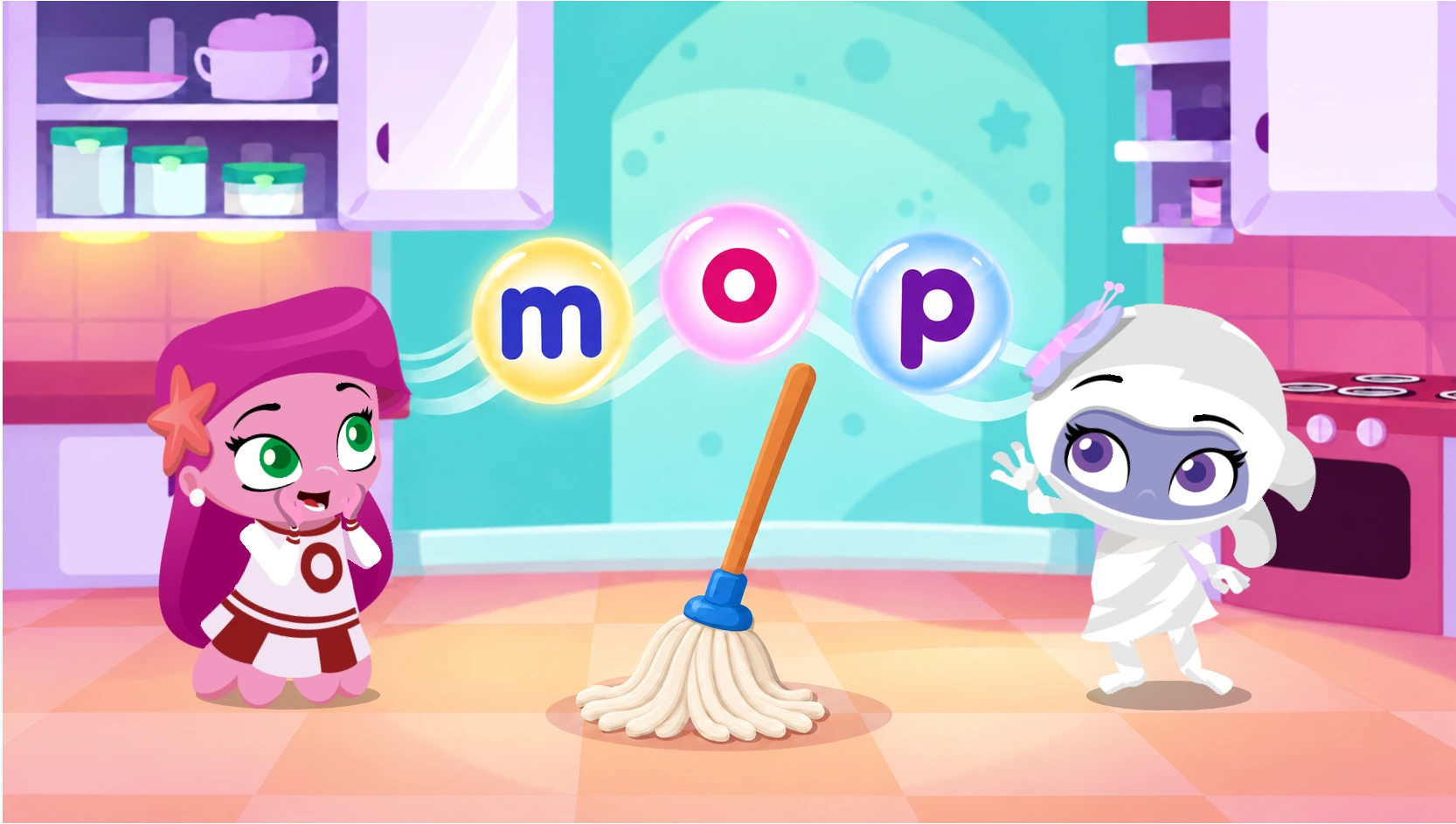 Olivia the mermaid and Patti the mummy ninja standing either side of a mop in a bright kitchen, with the three sounds of the word floating above it as separate glowing bubbles, m, o and p, strung together by a ribbon of air.