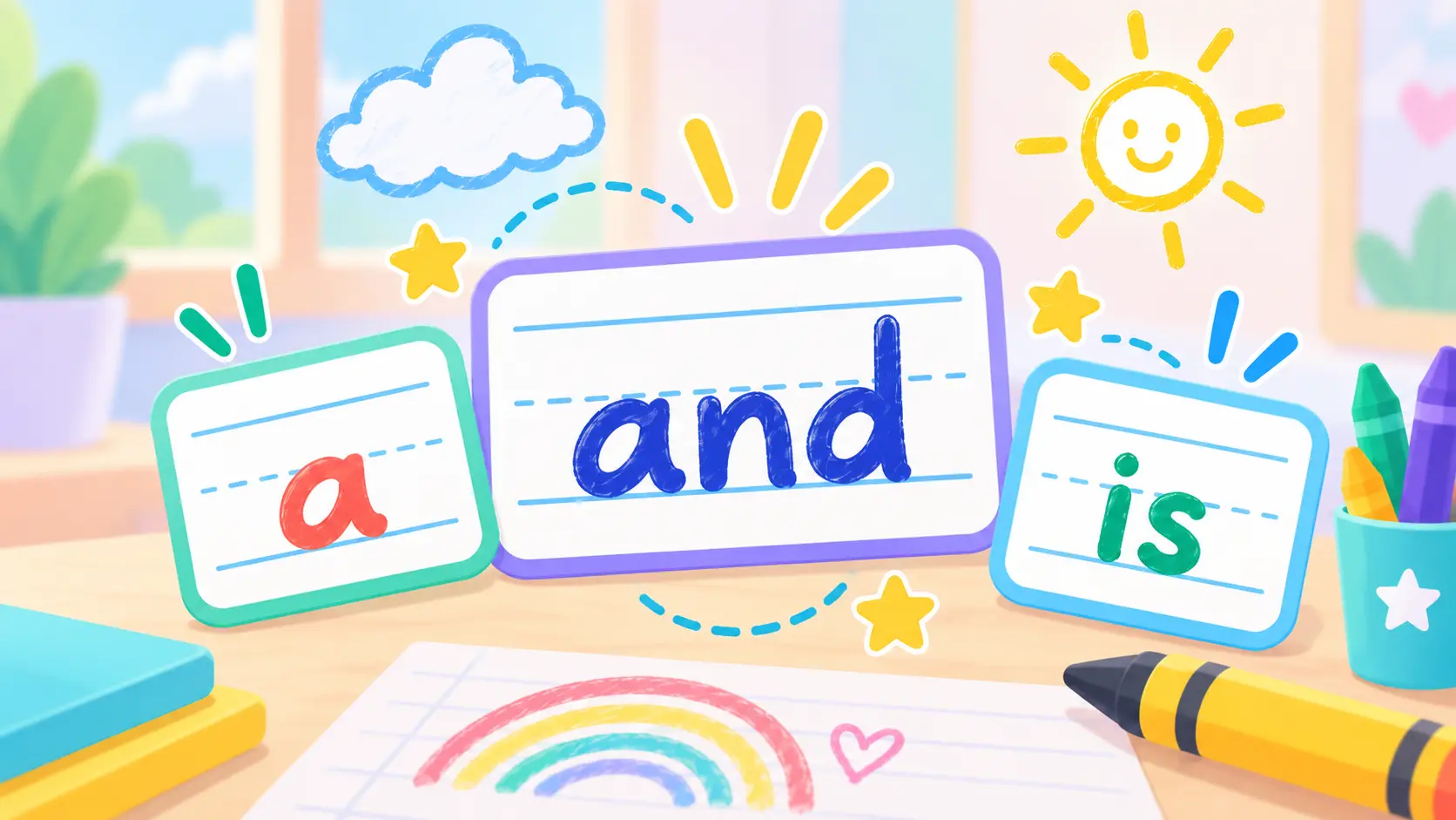 Three word cards reading a, and and is, three of the most common words in English, on a desk beside crayons and a rainbow drawing.