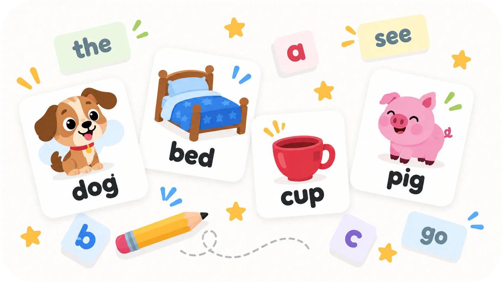 Picture cards for dog, bed, cup and pig alongside word cards reading the, see, a and go, with letter tiles and a pencil.