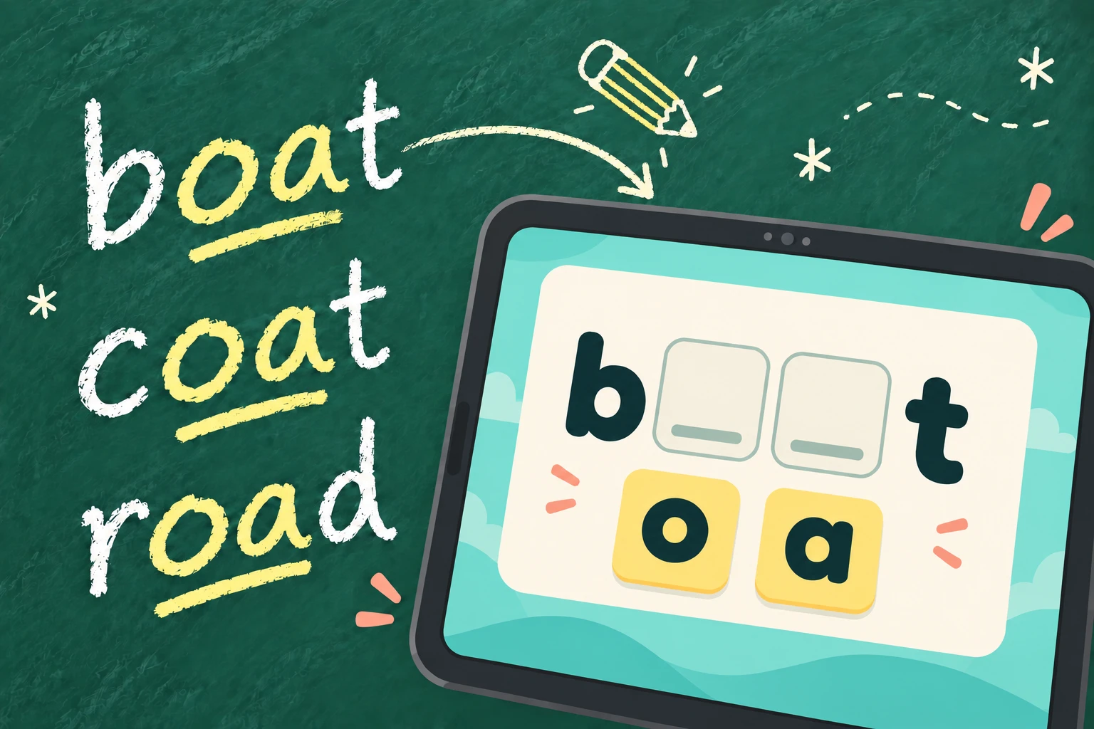 The word “boat” being built on an unbranded tablet: “b”, two empty slots and “t”, with the letter tiles “o” and “a” waiting below. Beside it, chalked on a board, boat, coat and road with the “oa” underlined in each.