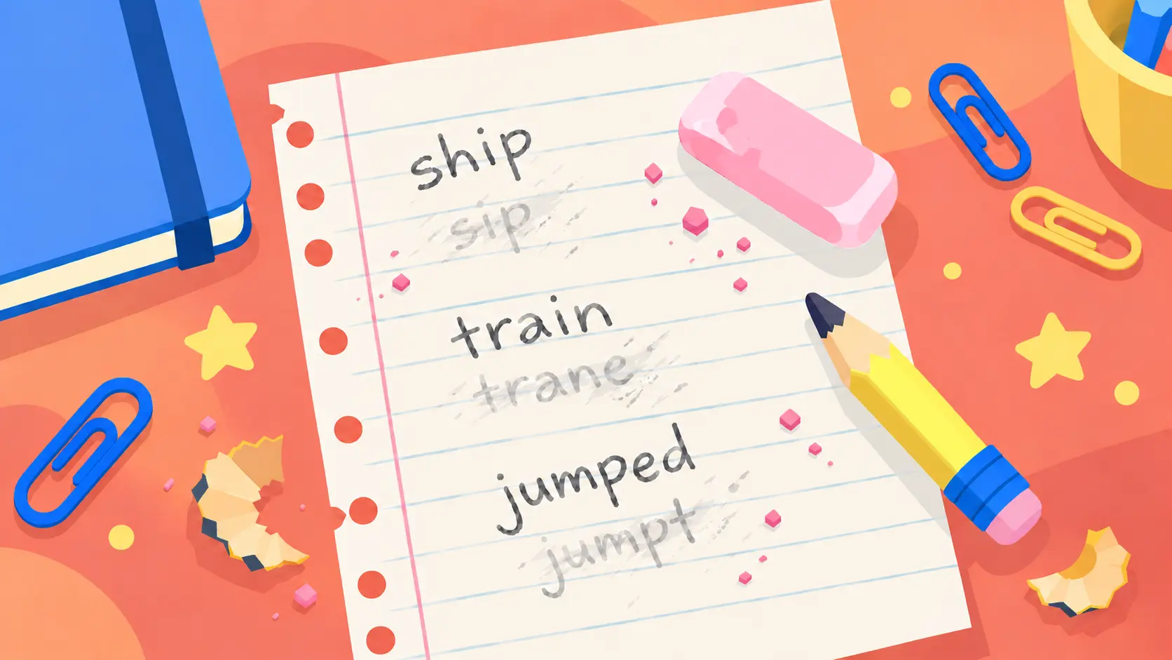 A handwritten spelling page where a child has erased sip, trane and jumpt and written ship, train and jumped above them.