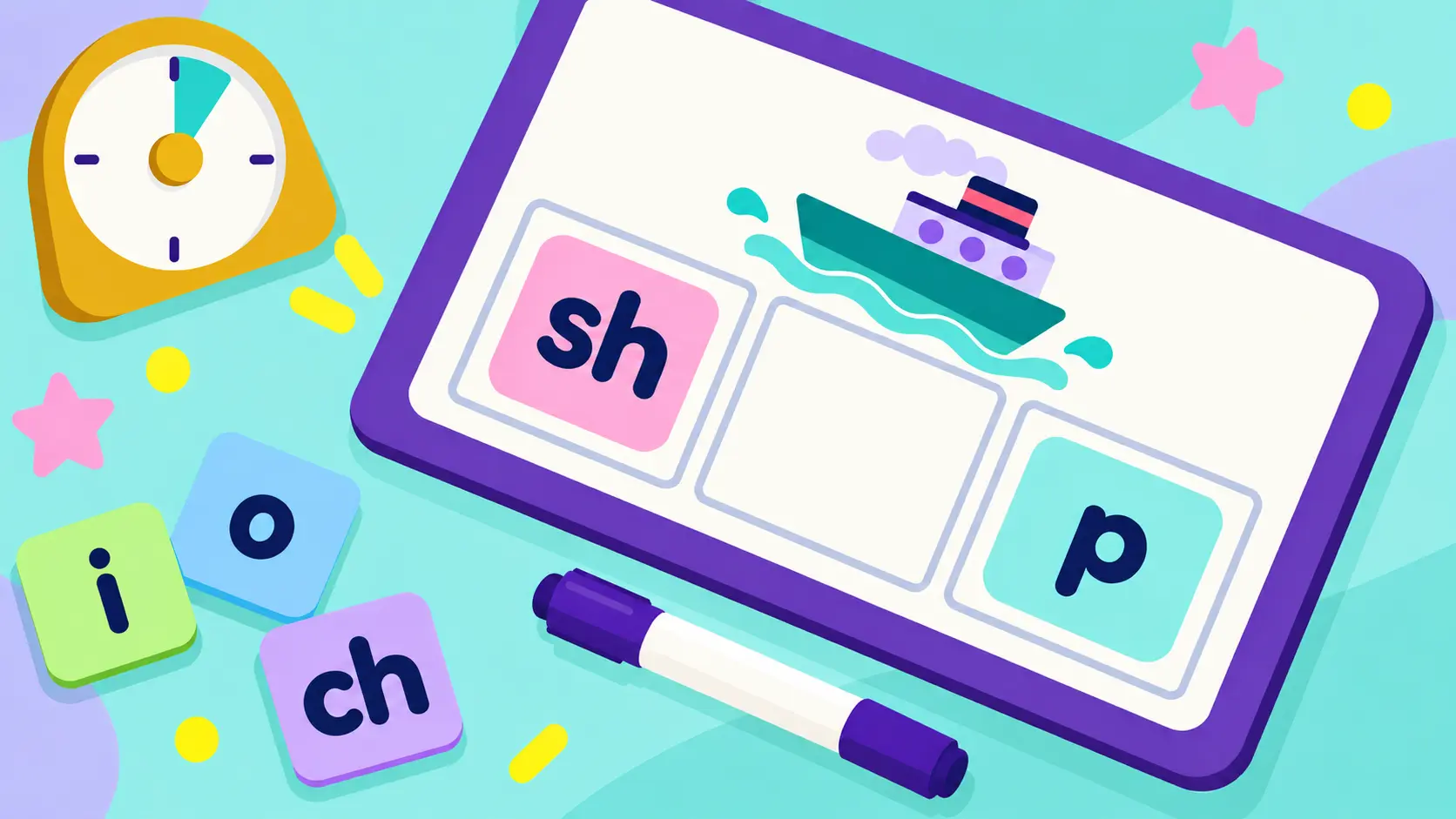 Three sound boxes on a dry-erase board spelling the word ship, with sh and p written in and the middle box left empty, beside a drawing of a ship, loose letter tiles reading i, o and ch, and a kitchen timer.